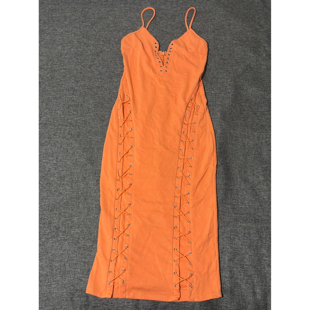 Fashion Nova Womens XL Midi Dress Orange Lace Up Sides Sleeveless V-Neck